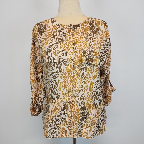 Robert Graham Zebra Print Silk Blouse Size L Orange Tab Sleeves Button Up Office - Picture 4 of 16